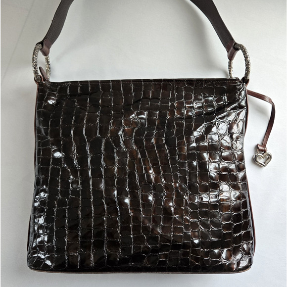 Brighton Shoulder Bag Dark Brown Patent Leather Croc Embossed Classic Purse 12" - Picture 15 of 16